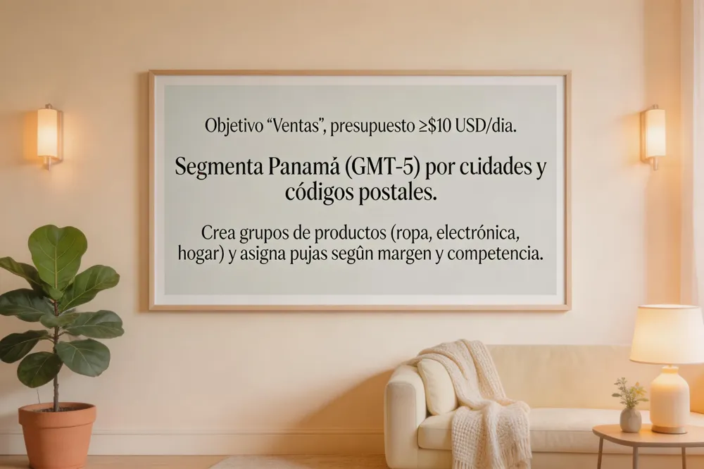 Objetivo “Ventas”, presupuesto ≥$10 USD/día. Segmenta Panamá (GMT‑5) por ciudades y códigos postales. Crea grupos de productos (ropa, electrónica, hogar) y asigna pujas según margen y competencia.