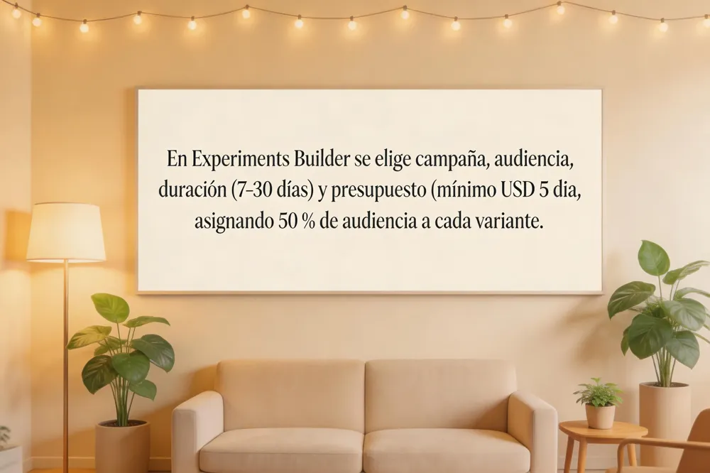 En Experiments Builder se elige campaña, audiencia, duración (7‑30 días) y presupuesto (mínimo USD 5 día), asignando 50 % de audiencia a cada variante.
