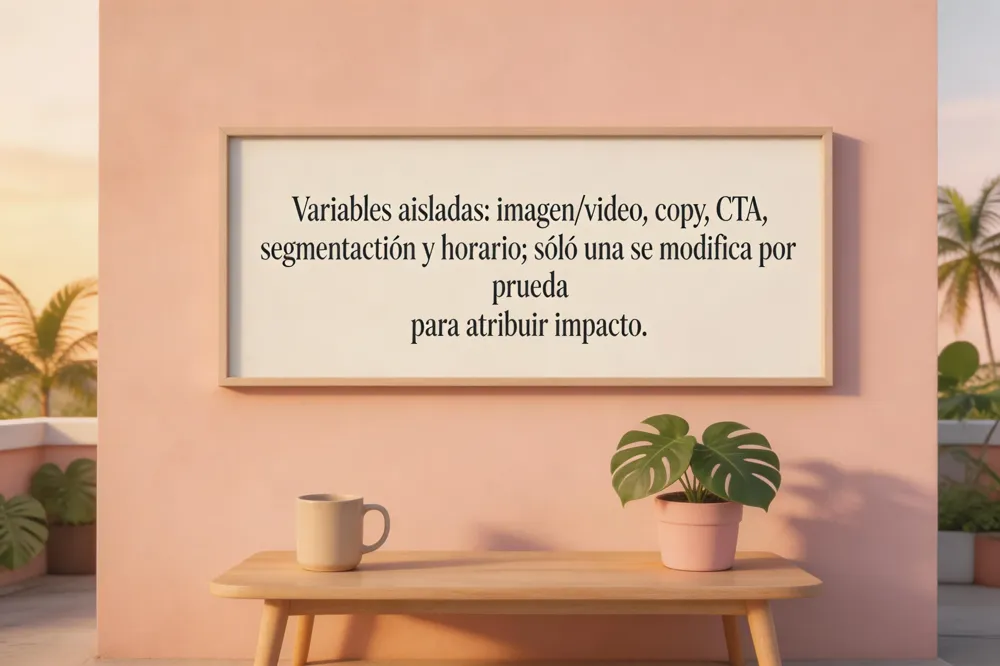 Variables aisladas: imagen/video, copy, CTA, segmentación y horario; sólo una se modifica por prueba para atribuir impacto.