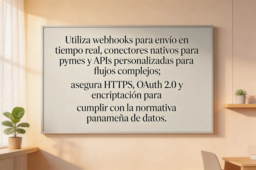 Utiliza webhooks para envío en tiempo real, conectores nativos para pymes y APIs personalizadas para flujos complejos; asegura HTTPS, OAuth 2.0 y encriptación para cumplir con la normativa panameña de datos.
