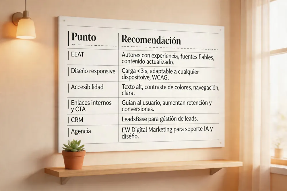 | Punto | Recomendación |
|---|---|
| EEAT | Autores con experiencia, fuentes fiables, contenido actualizado. |
| Diseño responsive | Carga < 3 s, adaptable a cualquier dispositivo, WCAG. |
| Accesibilidad | Texto alt, contraste de colores, navegación clara. |
| Enlaces internos y CTA | Guían al usuario, aumentan retención y conversiones. |
| CRM | LeadsBase para gestión de leads. |
| Agencia | EW Digital Marketing para soporte IA y diseño. |