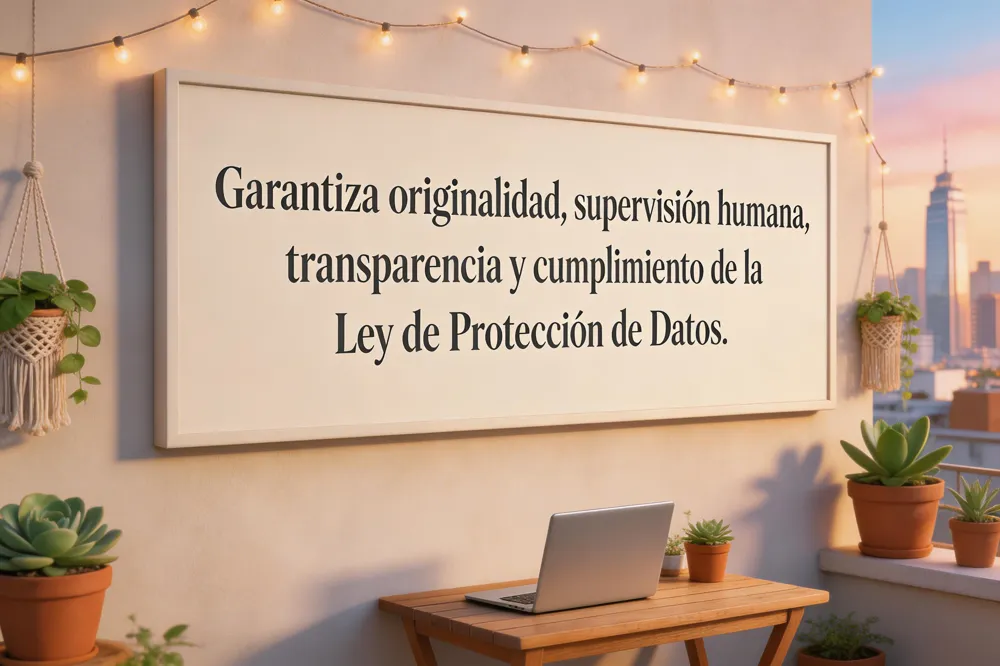 Garantiza originalidad, supervisión humana, transparencia y cumplimiento de la Ley de Protección de Datos.