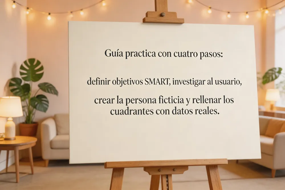 Guía práctica con cuatro pasos: definir objetivos SMART, investigar al usuario, crear la persona ficticia y rellenar los cuadrantes con datos reales.
