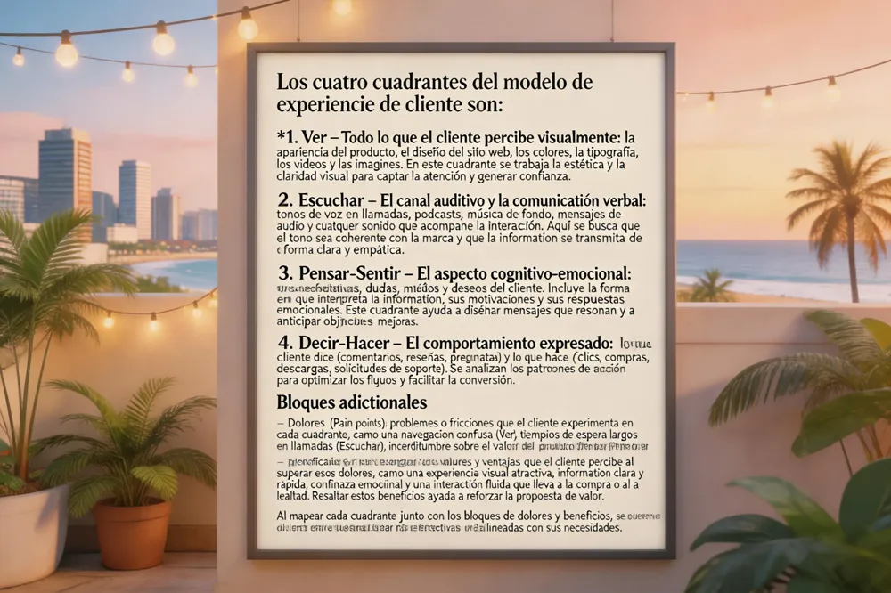 Descripción de los cuatro cuadrantes (ver, escuchar, pensar‑sentir, decir‑hacer) y los bloques adicionales de dolores y beneficios.