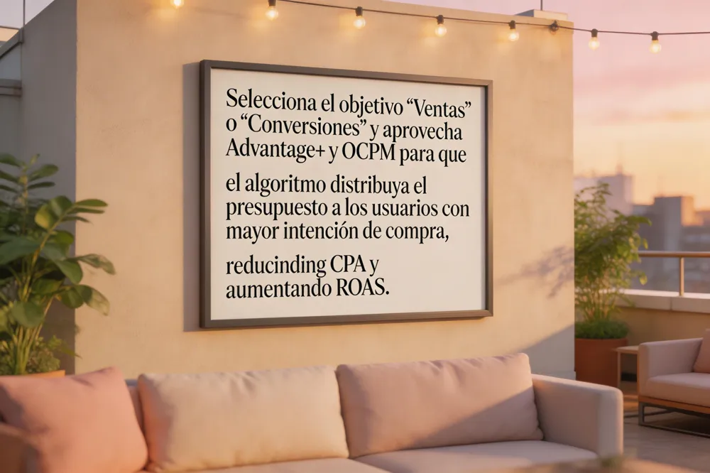 Selecciona el objetivo “Ventas” o “Conversiones” y aprovecha Advantage+ y OCPM para que el algoritmo distribuya el presupuesto a los usuarios con mayor intención de compra, reduciendo CPA y aumentando ROAS.