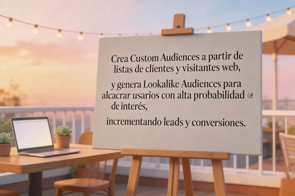 Crea Custom Audiences a partir de listas de clientes y visitantes web, y genera Lookalike Audiences para alcanzar usuarios con alta probabilidad de interés, incrementando leads y conversiones.