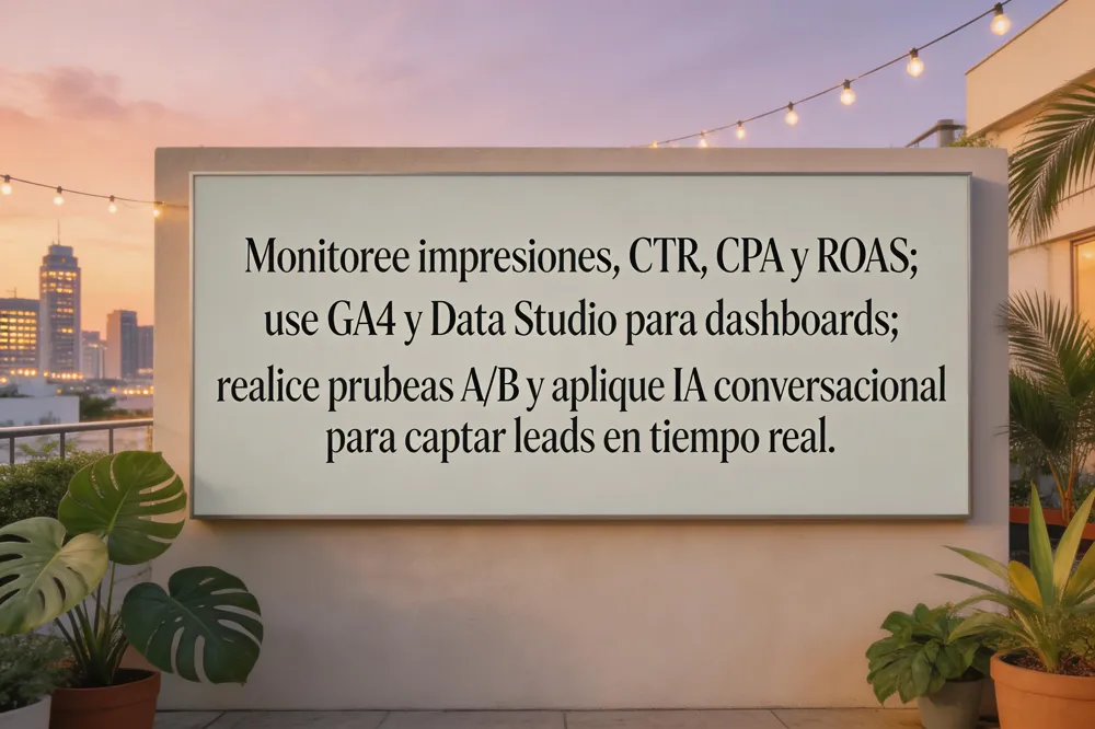 Monitoree impresiones, CTR, CPA y ROAS; use GA4 y Data Studio para dashboards; realice pruebas A/B y aplique IA conversacional para captar leads en tiempo real.