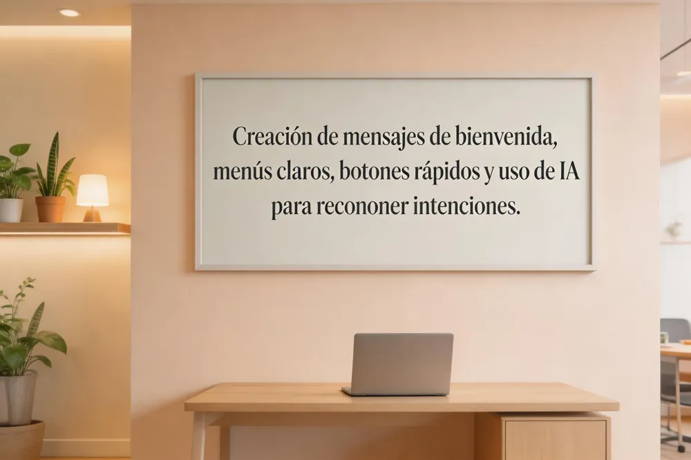 Creación de mensajes de bienvenida, menús claros, botones rápidos y uso de IA para reconocer intenciones.