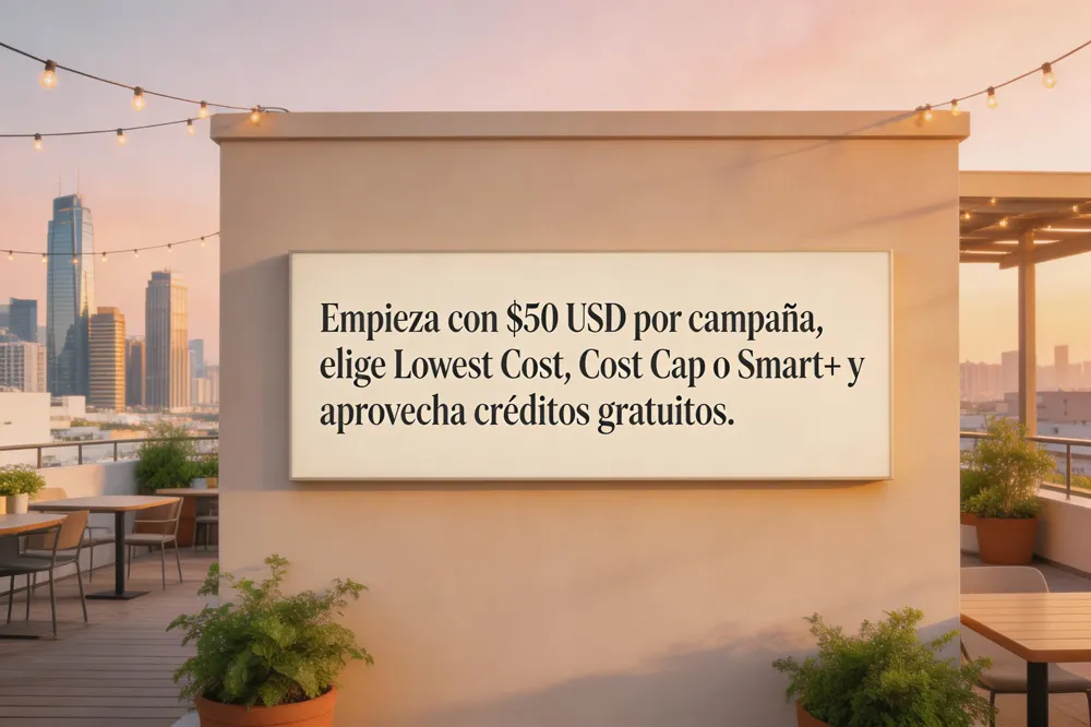 Empieza con $50 USD por campaña, elige Lowest Cost, Cost Cap o Smart+ y aprovecha créditos gratuitos.