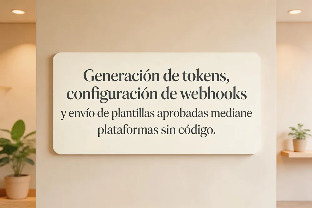 Generación de tokens, configuración de webhooks y envío de plantillas aprobadas mediante plataformas sin código.