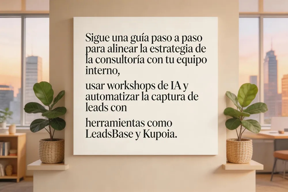Sigue una guía paso a paso para alinear la estrategia de la consultoría con tu equipo interno, usar workshops de IA y automatizar la captura de leads con herramientas como LeadsBase y Kupoia.