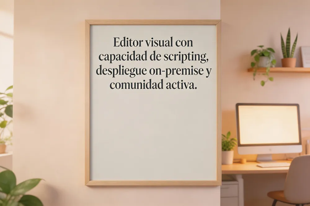 Editor visual con capacidad de scripting, despliegue on‑premise y comunidad activa.