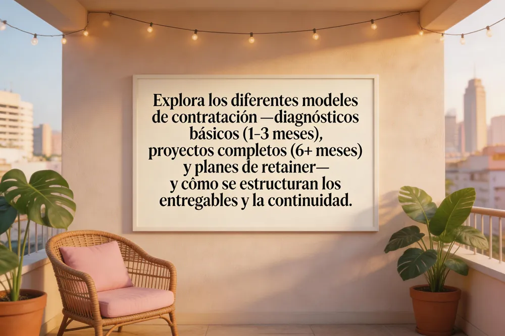 Explora los diferentes modelos de contratación —diagnósticos básicos (1‑3 meses), proyectos completos (6+ meses) y planes de retainer— y cómo se estructuran los entregables y la continuidad.