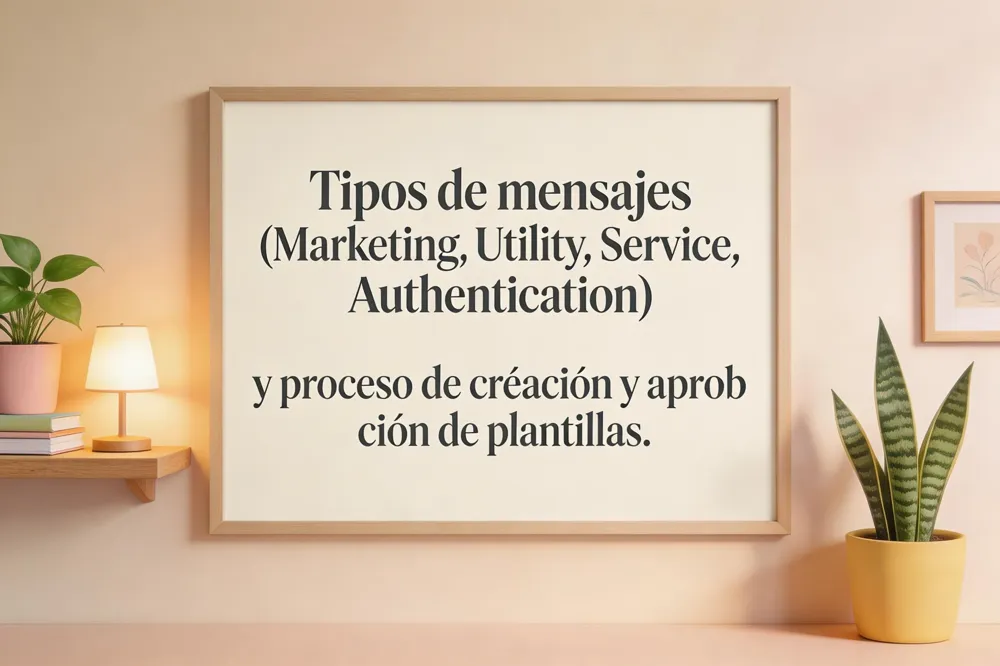 Tipos de mensajes (Marketing, Utility, Service, Authentication) y proceso de creación y aprobación de plantillas.