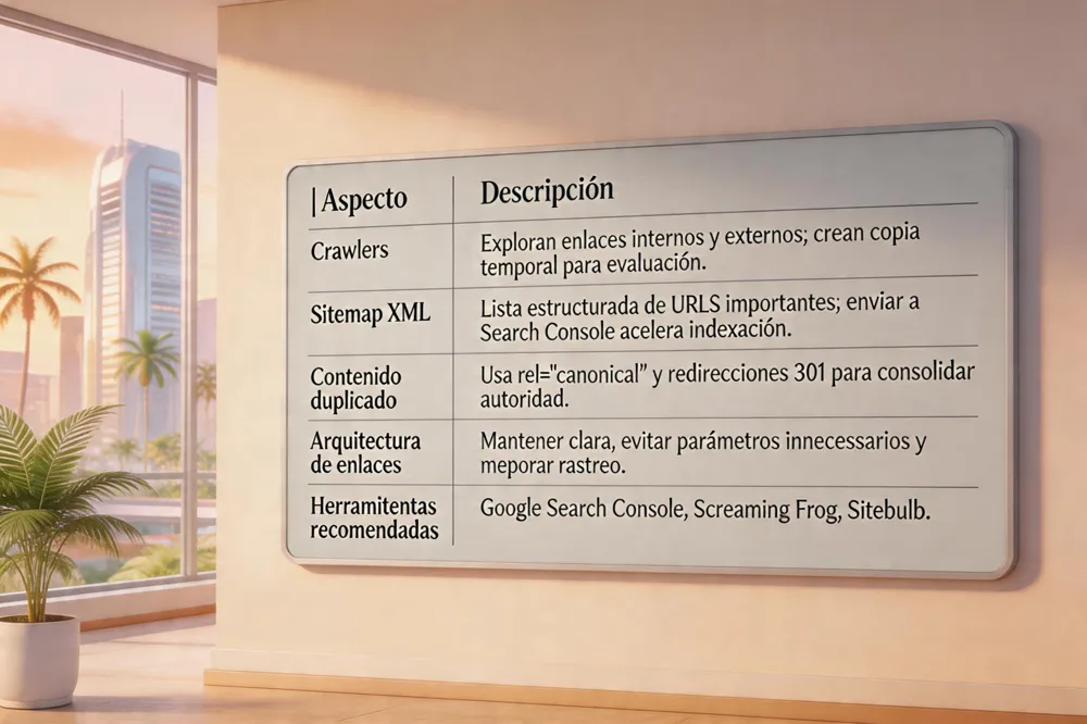 | Aspecto | Descripción |
|---|---|
| Crawlers | Exploran enlaces internos y externos; crean copia temporal para evaluación. |
| Sitemap XML | Lista estructurada de URLs importantes; enviar a Search Console acelera indexación. |
| Contenido duplicado | Usa rel="canonical" y redirecciones 301 para consolidar autoridad. |
| Arquitectura de enlaces | Mantener clara, evitar parámetros innecesarios y mejorar rastreo. |
| Herramientas recomendadas | Google Search Console, Screaming Frog, Sitebulb. |