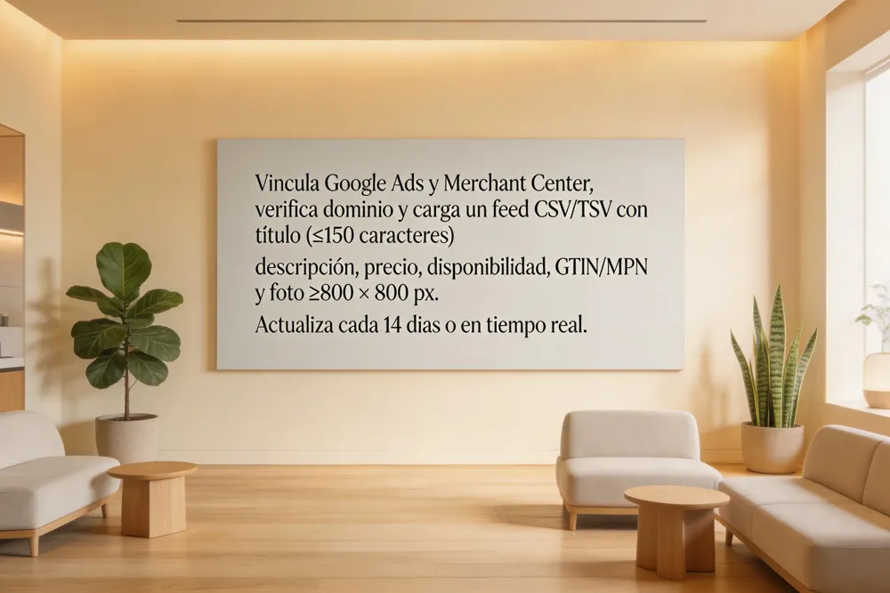 Vincula Google Ads y Merchant Center, verifica dominio y carga un feed CSV/TSV con título (≤150 caracteres), descripción, precio, disponibilidad, GTIN/MPN y foto ≥800 × 800 px. Actualiza cada 14 días o en tiempo real.