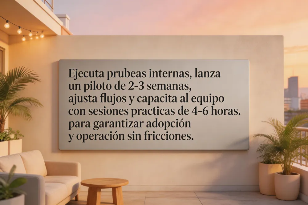 Ejecuta pruebas internas, lanza un piloto de 2‑3 semanas, ajusta flujos y capacita al equipo con sesiones prácticas de 4‑6 horas para garantizar adopción y operación sin fricciones.