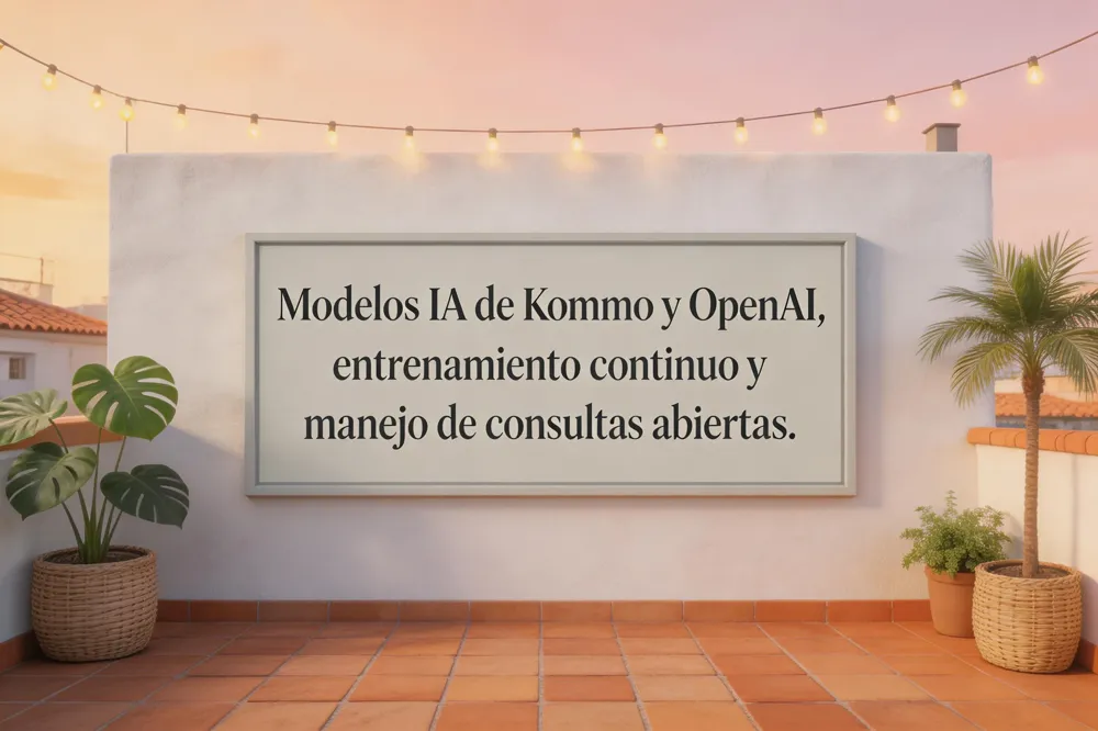 Modelos IA de Kommo y OpenAI, entrenamiento continuo y manejo de consultas abiertas.
