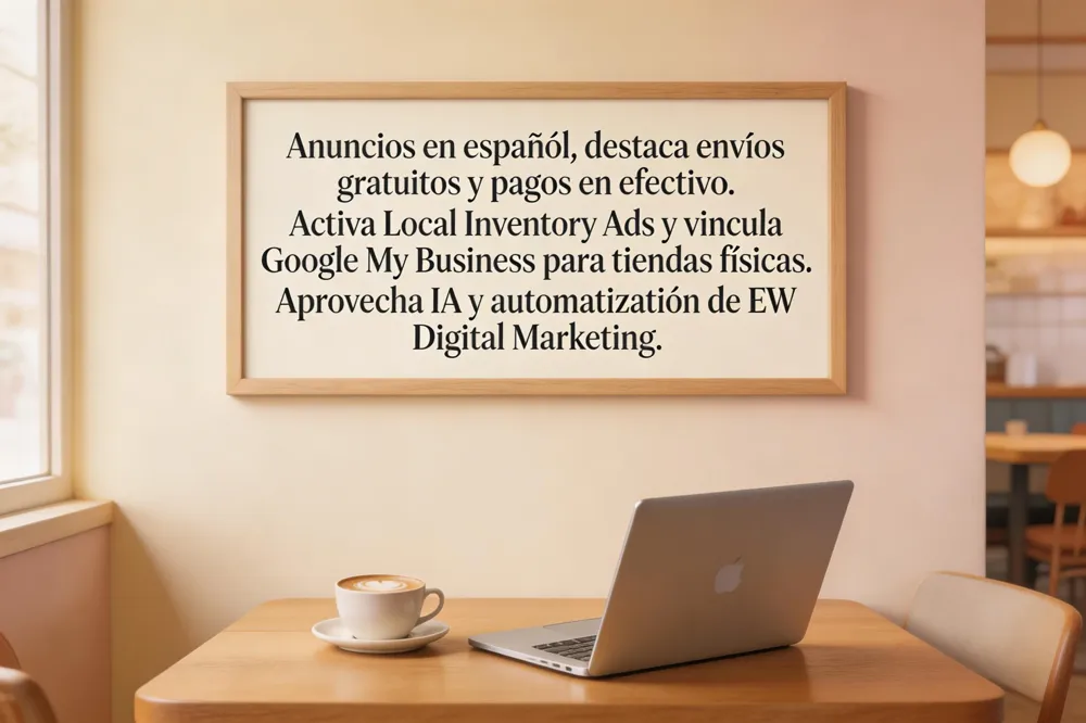 Anuncios en español, destaca envíos gratuitos y pagos en efectivo. Activa Local Inventory Ads y vincula Google My Business para tiendas físicas. Aprovecha IA y automatización de EW Digital Marketing.