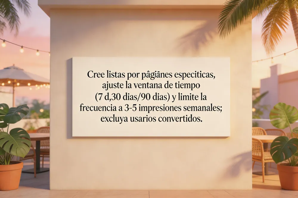 Cree listas por páginas específicas, ajuste la ventana de tiempo (7 d,30 días/90 días) y limite la frecuencia a 3‑5 impresiones semanales; excluya usuarios convertidos.
