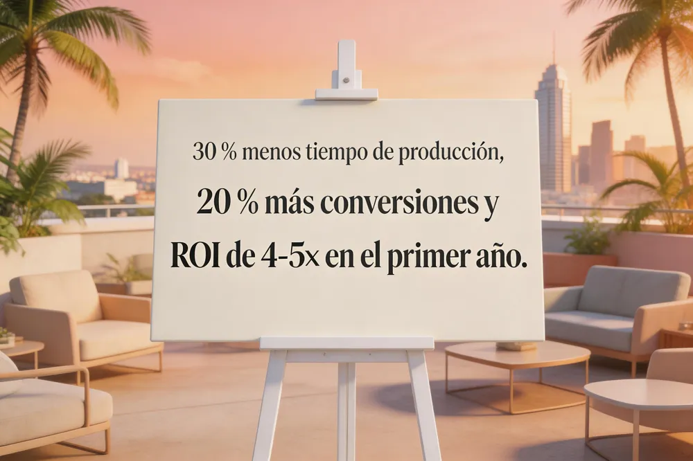 30 % menos tiempo de producción, 20 % más conversiones y ROI de 4‑5× en el primer año.