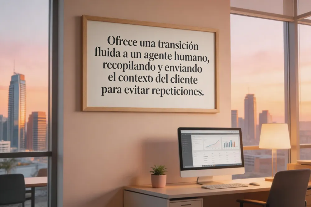Ofrece una transición fluida a un agente humano, recopilando y enviando el contexto del cliente para evitar repeticiones.