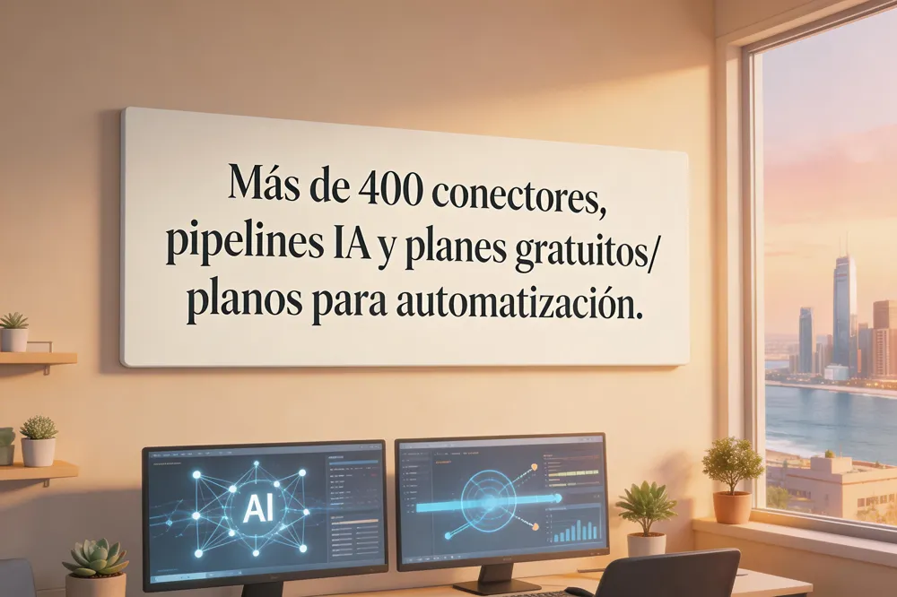 Más de 400 conectores, pipelines IA y planes gratuitos/planos para automatización.