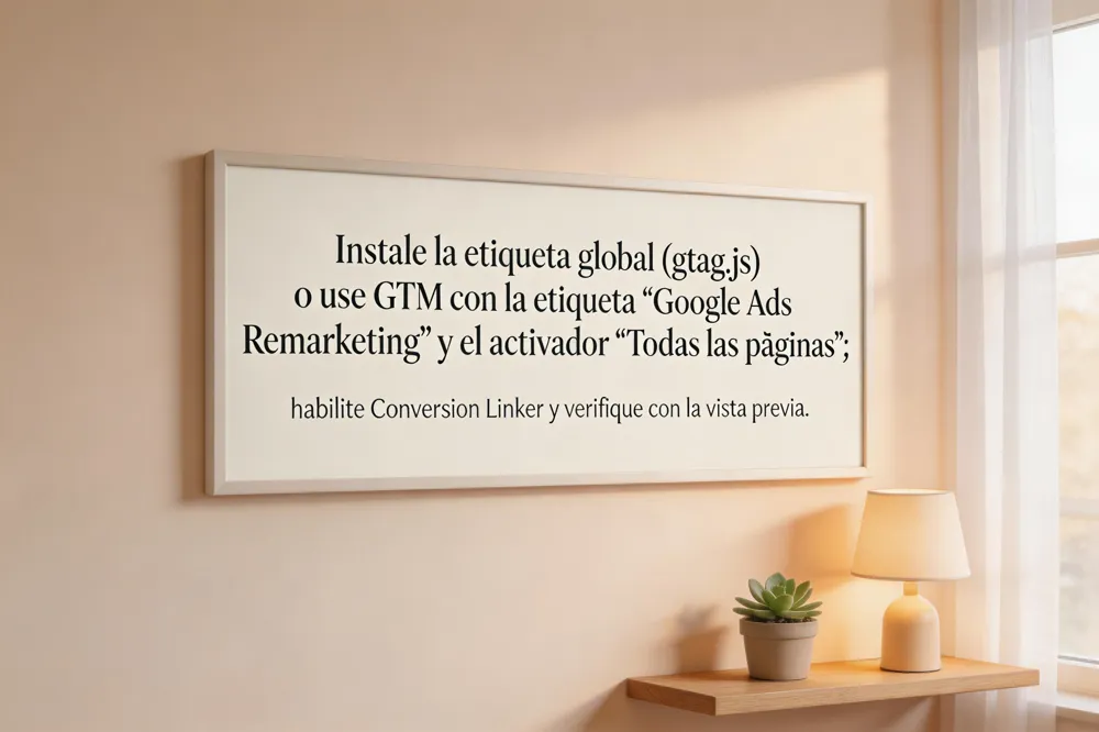 Instale la etiqueta global (gtag.js) o use GTM con la etiqueta "Google Ads Remarketing" y el activador "Todas las páginas"; habilite Conversion Linker y verifique con la vista previa.