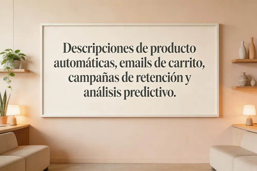 Descripciones de producto automáticas, emails de carrito, campañas de retención y análisis predictivo.
