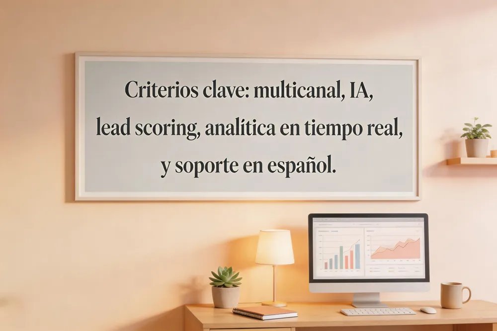 Criterios clave: multicanal, IA, lead scoring, analítica en tiempo real y soporte en español.