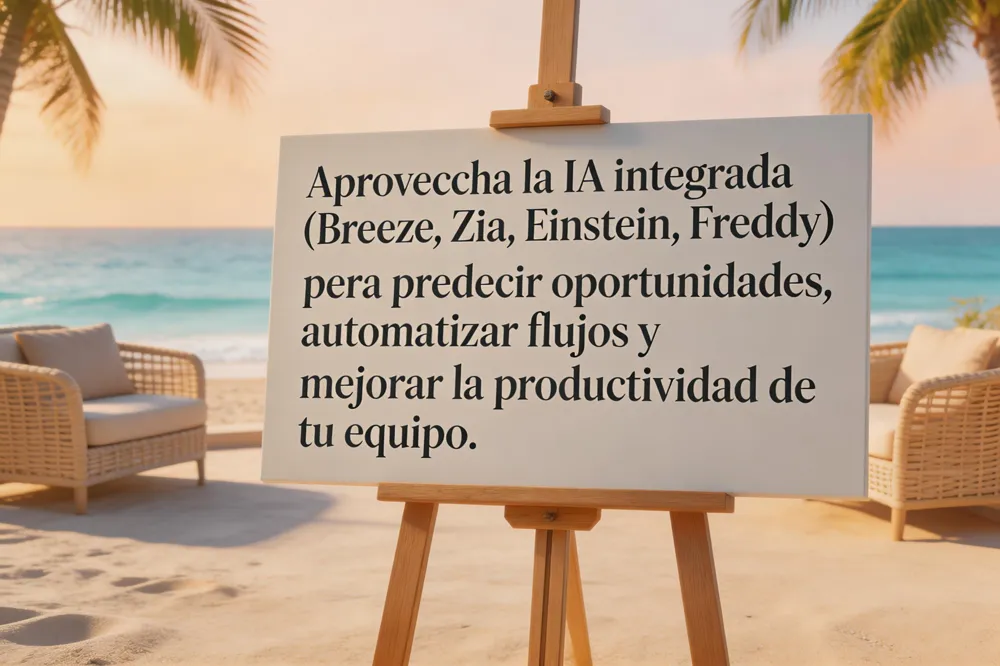 Aprovecha la IA integrada (Breeze, Zia, Einstein, Freddy) para predecir oportunidades, automatizar flujos y mejorar la productividad de tu equipo.