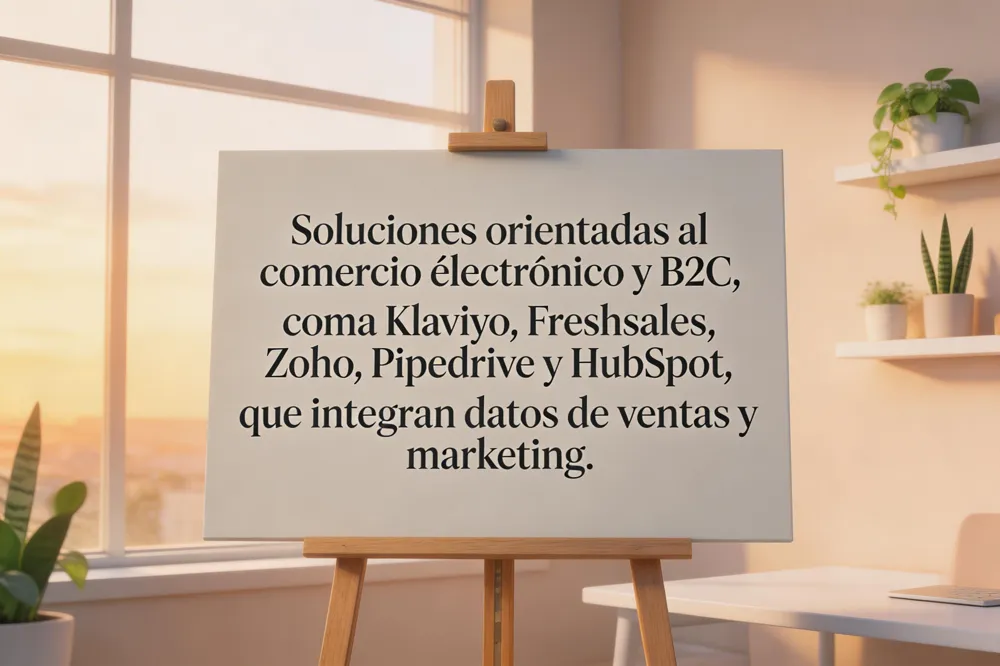 Soluciones orientadas al comercio electrónico y B2C, como Klaviyo, Freshsales, Zoho, Pipedrive y HubSpot, que integran datos de ventas y marketing.