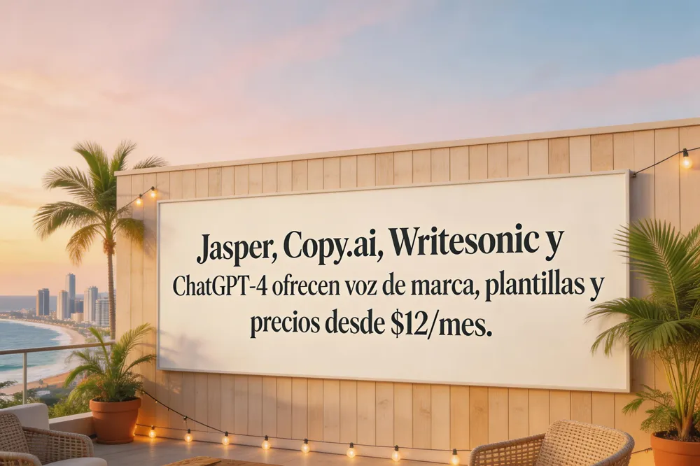 Jasper, Copy.ai, Writesonic y ChatGPT‑4 ofrecen voz de marca, plantillas y precios desde $12/mes.