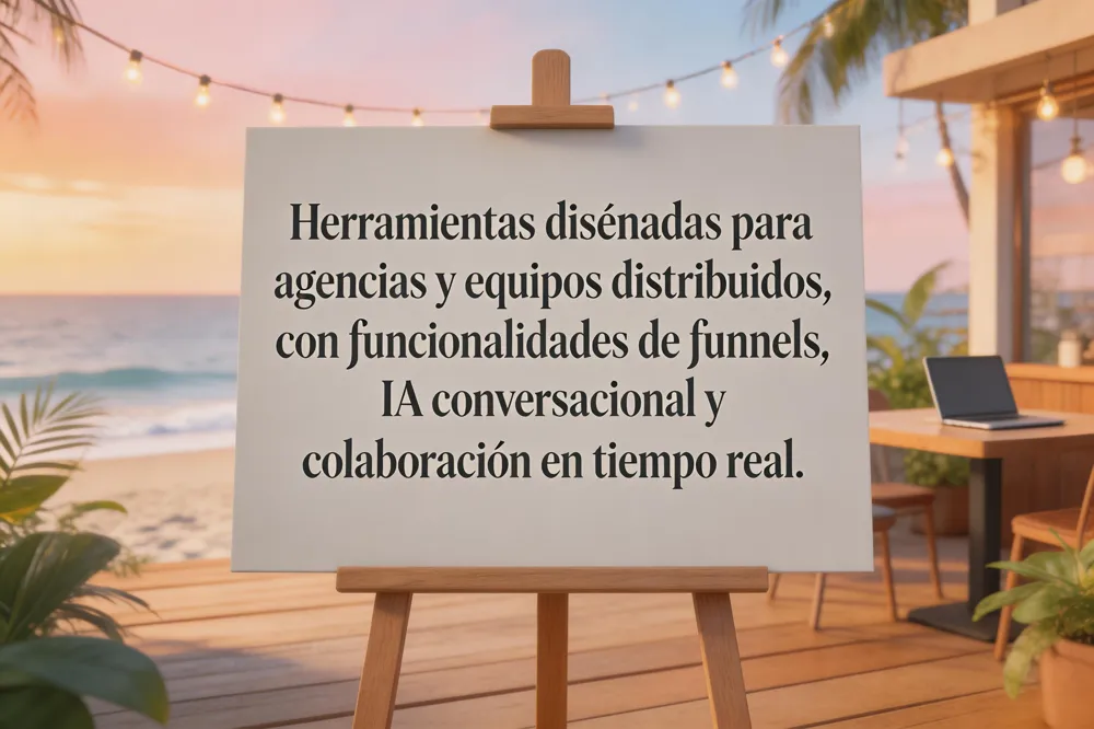 Herramientas diseñadas para agencias y equipos distribuidos, con funcionalidades de funnels, IA conversacional y colaboración en tiempo real.