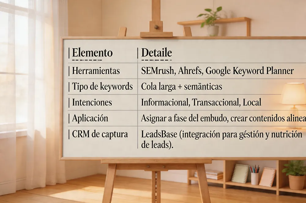| Elemento | Detalle |
|---|---|
| Herramientas | SEMrush, Ahrefs, Google Keyword Planner |
| Tipo de keywords | Cola larga + semánticas |
| Intenciones | Informacional, Transaccional, Local |
| Aplicación | Asignar a fase del embudo, crear contenidos alineados. |
| CRM de captura | LeadsBase (integración para gestión y nutrición de leads). |