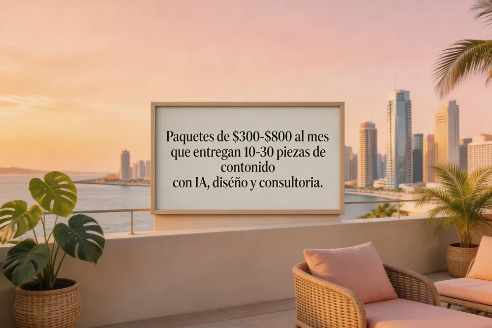 Paquetes de $300‑$800 al mes que entregan 10‑30 piezas de contenido con IA, diseño y consultoría.