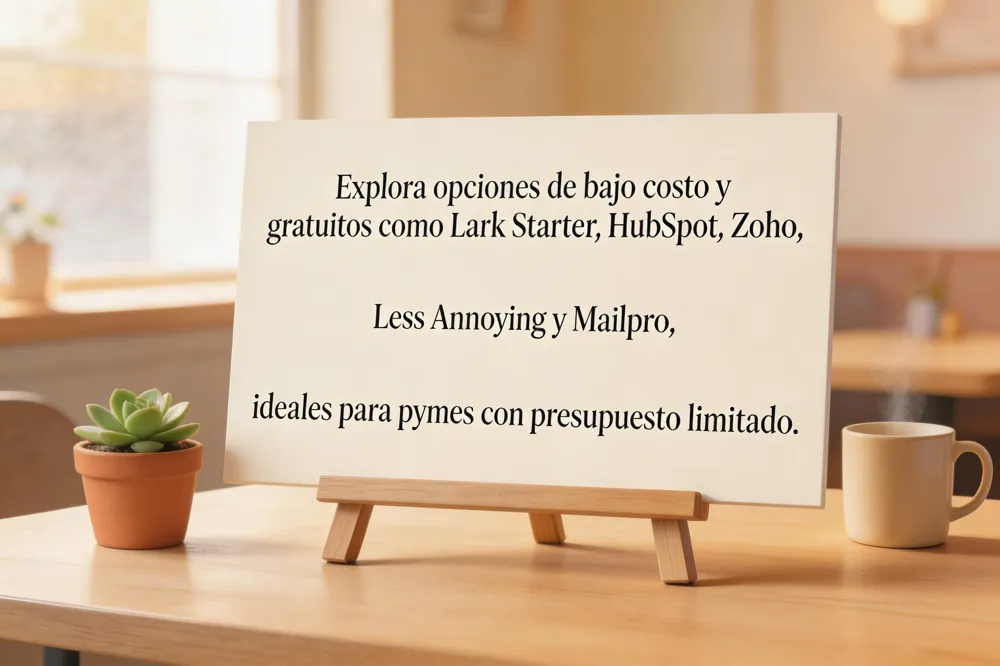 Explora opciones de bajo costo y gratuitos como Lark Starter, HubSpot, Zoho, Less Annoying y Mailpro, ideales para pymes con presupuesto limitado.