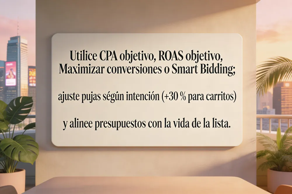 Utilice CPA objetivo, ROAS objetivo, Maximizar conversiones o Smart Bidding; ajuste pujas según intención (+30 % para carritos) y alinee presupuestos con la vida de la lista.