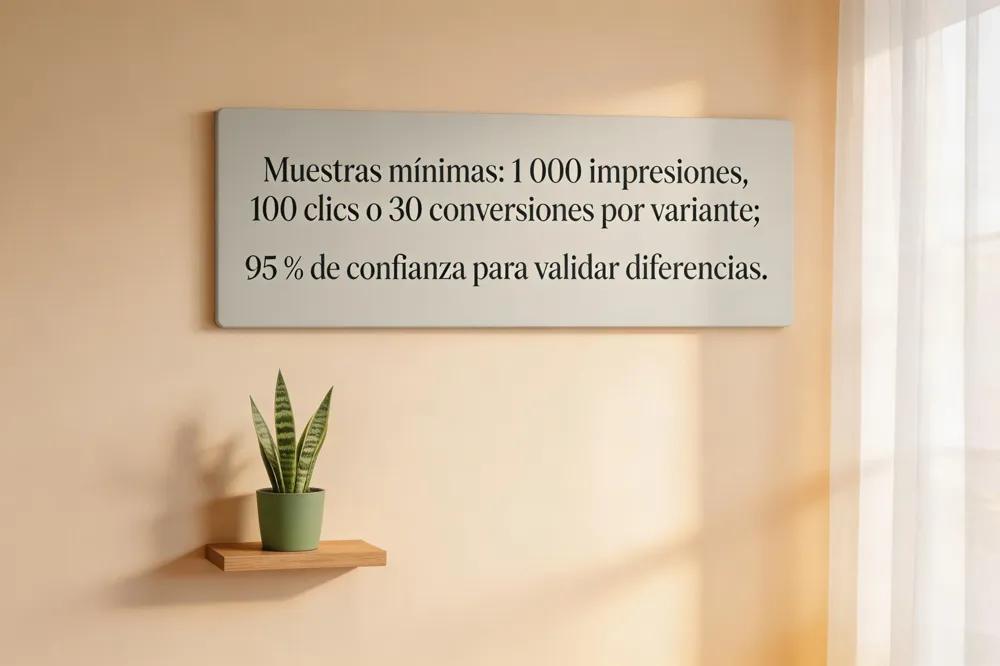 Muestras mínimas: 1 000 impresiones, 100 clics o 30 conversiones por variante; 95 % de confianza para validar diferencias.