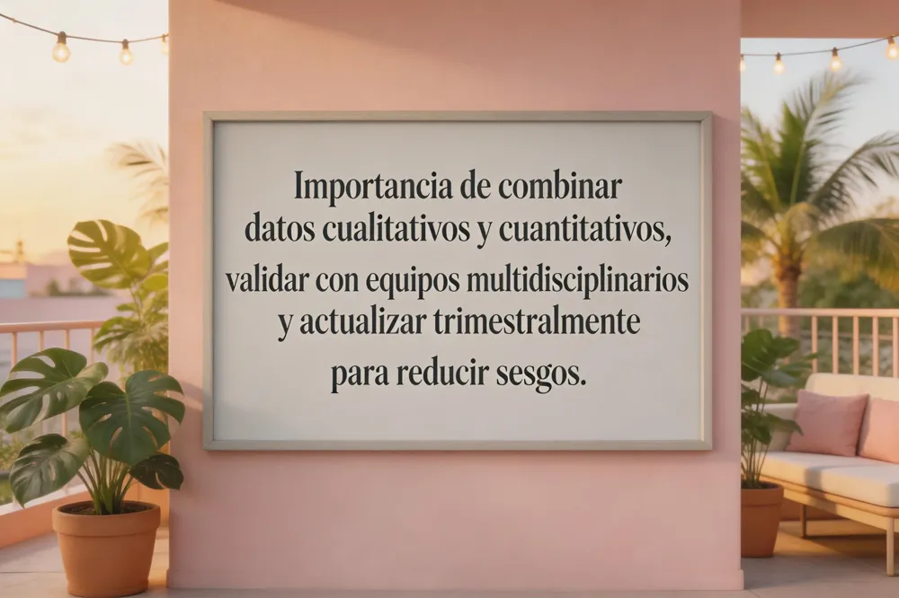 Importancia de combinar datos cualitativos y cuantitativos, validar con equipos multidisciplinarios y actualizar trimestralmente para reducir sesgos.