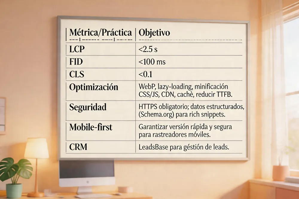 | Métrica/Práctica | Objetivo |
|---|---|
| LCP | < 2.5 s |
| FID | < 100 ms |
| CLS | < 0.1 |
| Optimización | WebP, lazy‑loading, minificación CSS/JS, CDN, caché, reducir TTFB. |
| Seguridad | HTTPS obligatorio; datos estructurados (Schema.org) para rich snippets. |
| Mobile‑first | Garantizar versión rápida y segura para rastreadores móviles. |
| CRM | LeadsBase para gestión de leads. |