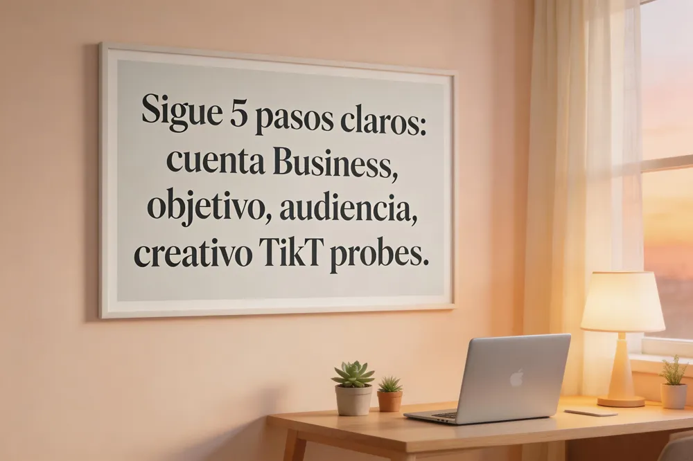 Sigue 5 pasos claros: cuenta Business, objetivo, audiencia, creativo TikT pruebas.