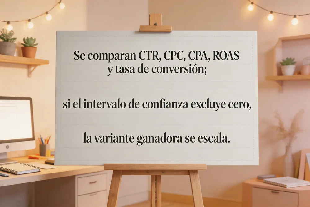 Se comparan CTR, CPC, CPA, ROAS y tasa de conversión; si el intervalo de confianza excluye cero, la variante ganadora se escala.