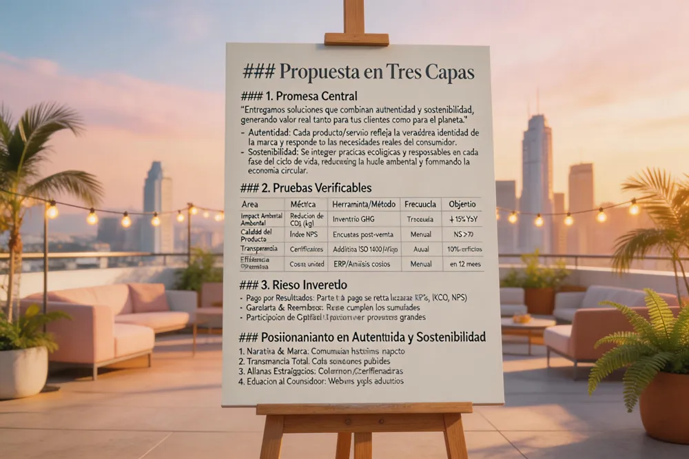Propuesta en tres capas: promesa central, pruebas verificables y riesgo invertido; posicionamiento en autenticidad y sostenibilidad.