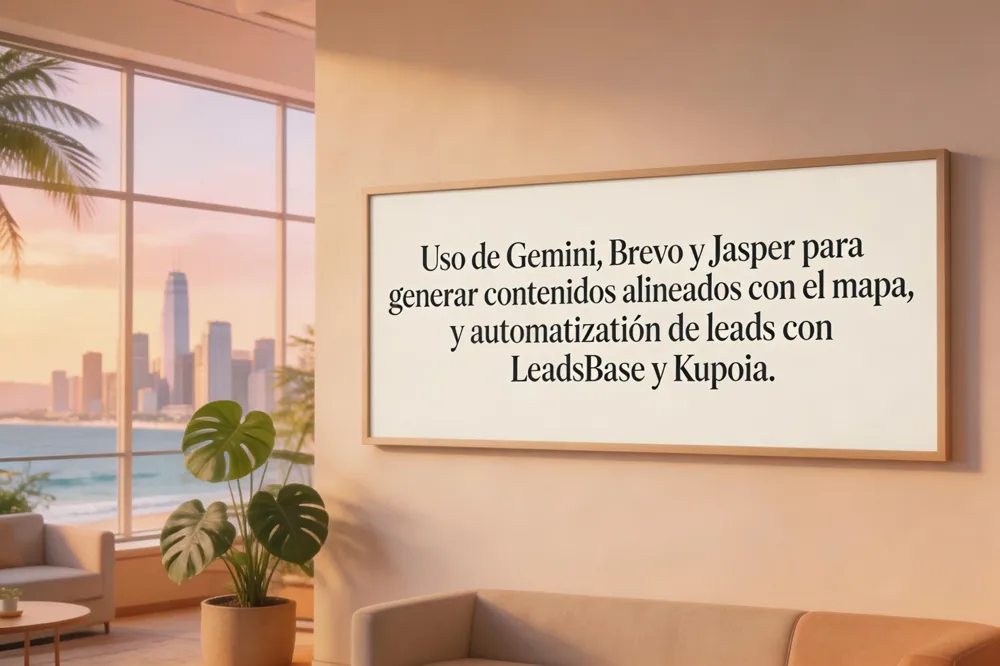 Uso de Gemini, Brevo y Jasper para generar contenidos alineados con el mapa, y automatización de leads con LeadsBase y Kupoia.