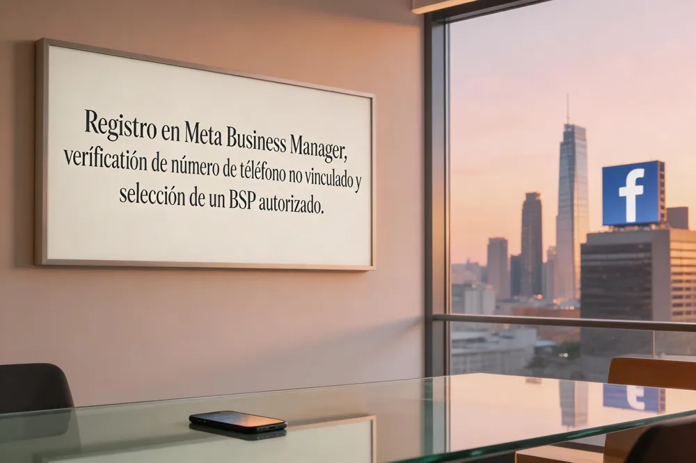 Registro en Meta Business Manager, verificación de número de teléfono no vinculado y selección de un BSP autorizado.