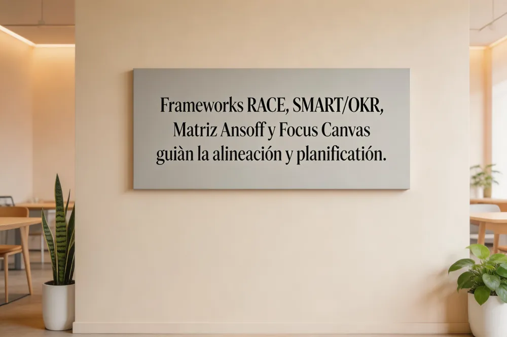 Frameworks RACE, SMART/OKR, Matriz Ansoff y Focus Canvas guían la alineación y planificación.