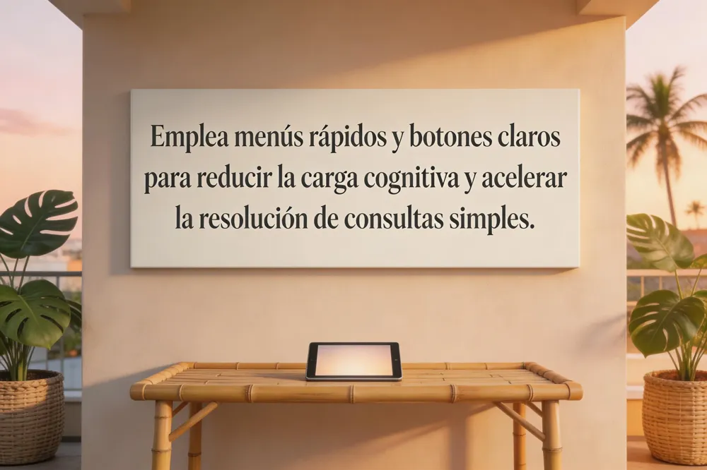 Emplea menús rápidos y botones claros para reducir la carga cognitiva y acelerar la resolución de consultas simples.