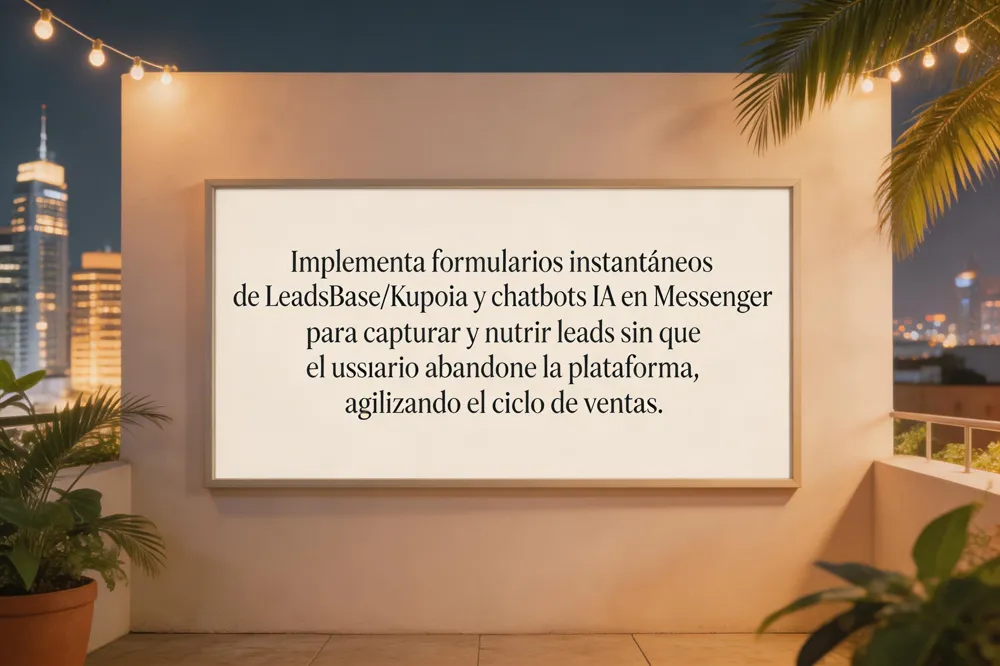 Implementa formularios instantáneos de LeadsBase/Kupoia y chatbots IA en Messenger para capturar y nutrir leads sin que el usuario abandone la plataforma, agilizando el ciclo de ventas.