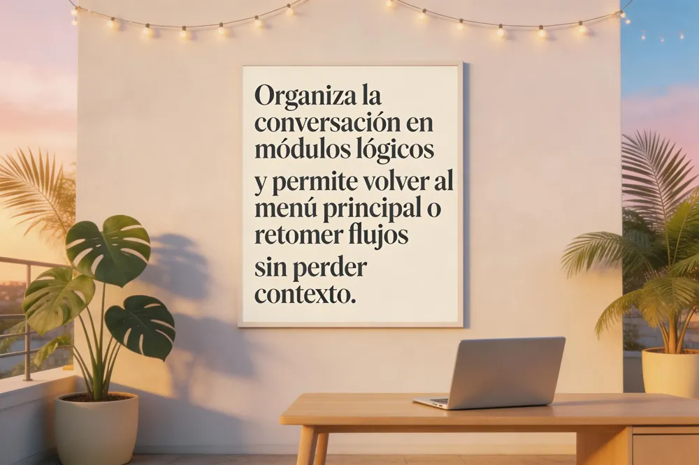 Organiza la conversación en módulos lógicos y permite volver al menú principal o retomar flujos sin perder contexto.